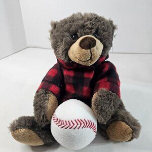DolliBu Sitting Bear Plush Baseball Brown Teddy Red Plaid Hoodie Stuffed Animal